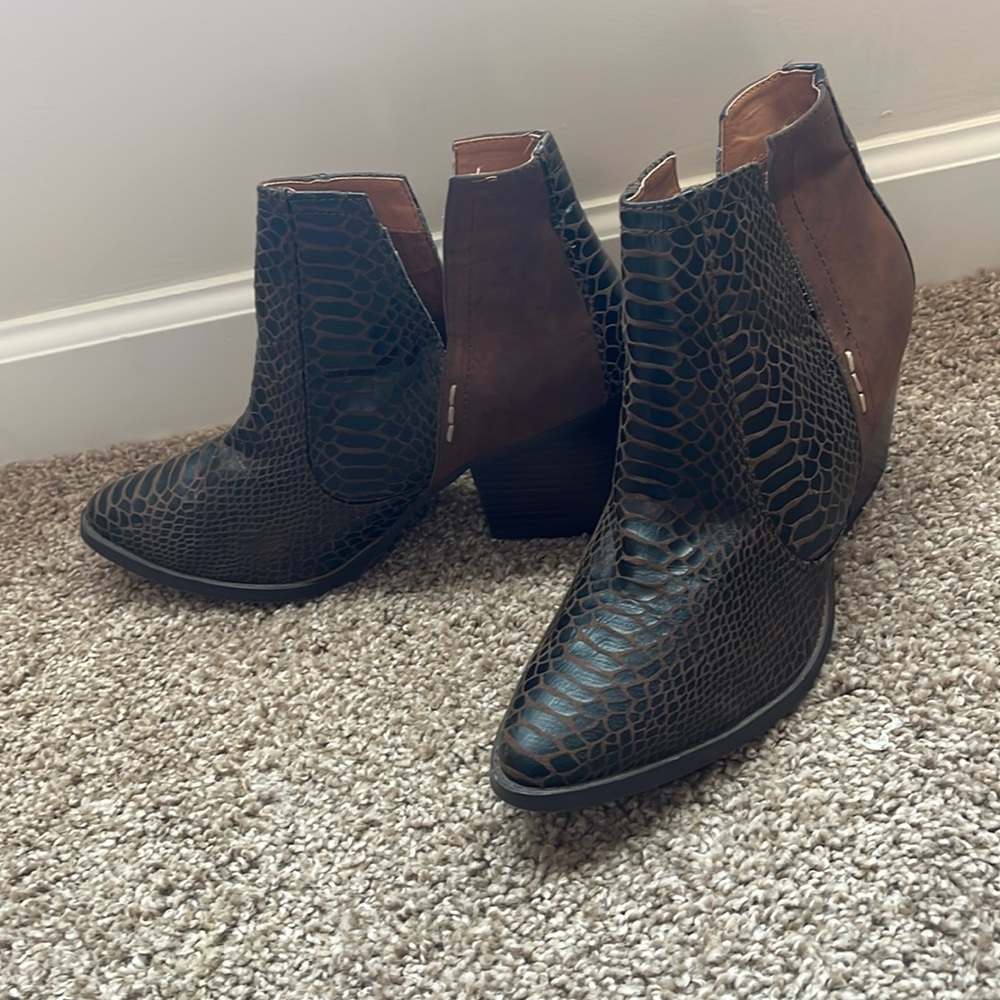 Two Tone Faux Snake Peep Ankle Pointed Toe Bootie